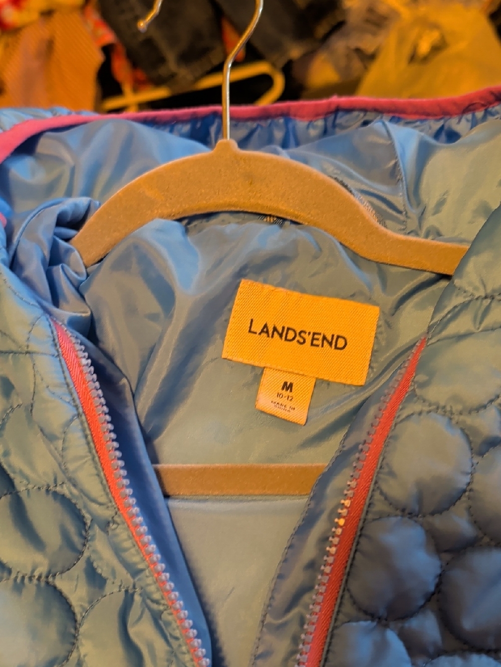 Lands' End Light Blue Puffer Jacket with Pink Trim